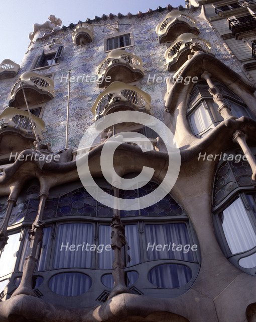 Detail of the façade of the Casa Batllo, built between 1904 and 1906, designed by Antoni Gaudí i …