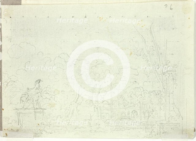 View of the Park at Versailles: Equestrian Statue Among Trees, n.d. Creator: Pierre Antoine Mongin.