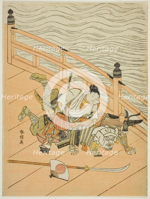 Ushiwakamaru and Benkei fighting on Gojo Bridge, c. 1767. Creator: Suzuki Harunobu.