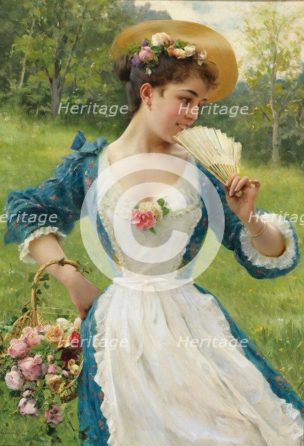 Young beauty with a basket of roses, .
