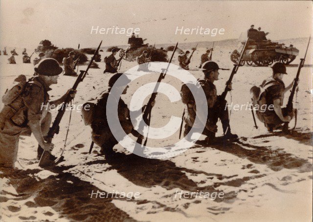 Australian troops wait to attack Bardia, May 1941. Artist: Unknown