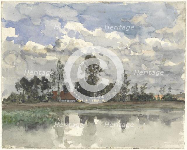 Trees reflecting in the water against a cloudy sky, 1845-1925. Creator: Julius Jacobus van de Sande Bakhuyzen.