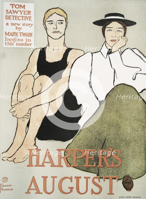 Harper's August, Tom Sawyer Detective a new story by Mark Twain Begins in this Number, c1896. Creator: Edward Penfield.