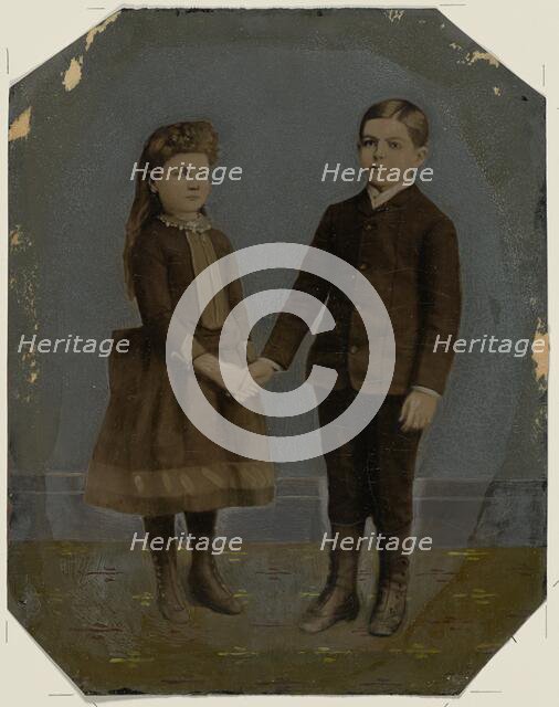 Portrait of boy and girl holding hands, 1860s-1880s. Creator: Unknown.