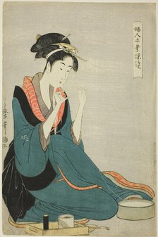 Tying Thread, from the series “Women’s Handicrafts: Models of Dexterity" ("Fujin tewaza..., c1797/98 Creator: Kitagawa Utamaro.