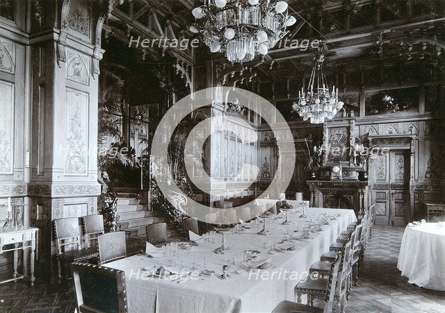 Dining room of the Imperial Palace in Bialowieza Forest, Russia, late 19th century.  Artist: Mechkovsky