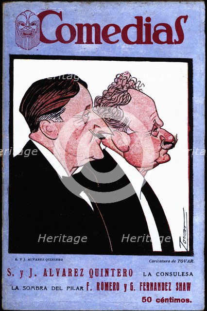 Cover of the publication 'Comedias'. Caricature of brothers Serafin Alvarez Quintero (1871-1938) …