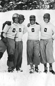 Swiss four man bobsleigh team, Winter Olympic Games, Garmisch-Partenkirchen, Germany, 1936. Artist: Unknown