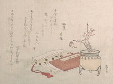 Potted Plum Tree in Blossom and Books, 19th century., 19th century. Creator: Shinsai.