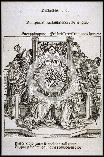Meeting between Pope Pius II and Frederick III, Emperor of Germany, ca 1493. Creator: Wolgemut, Michael (1434-1519).