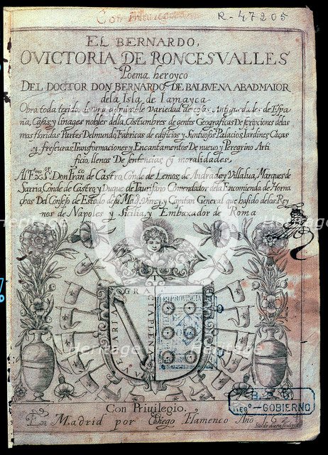 Cover of the 'Victoria de Roncesvalles' by Bernardo de Balbuena, first edition, printed by Diego …