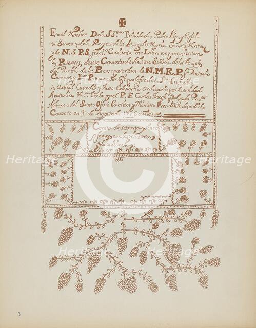 Plate 3: Pecos Book of Visitations: From Portfolio "Spanish Colonial Designs of New Mexico", 1935/19 Creator: Unknown.