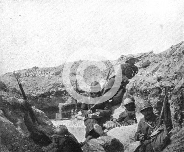 Life in the trenches in Champagne; Calm: "correspondence and cigarettes, 1917. Creator: Unknown.