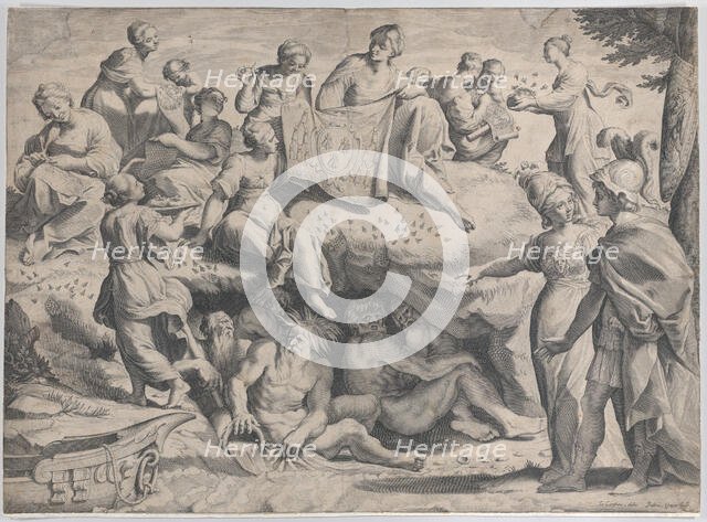 Allegory with Minerva at right, leading a young man towards Mount Parnassus, where the ..., 1620-47. Creator: Johann Friedrich Greuter.