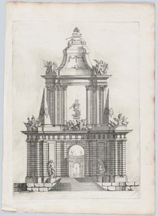 Triumphal arch with three crowns at top, a fountain in the distance, 1726. Creator: Carl Hårleman.