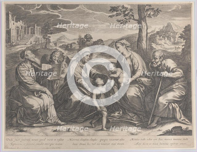 The Holy Family at right, with the infant Saint John the Baptist, Elizabeth, Zacharias,..., 1631-37. Creator: Pieter de Jode II.