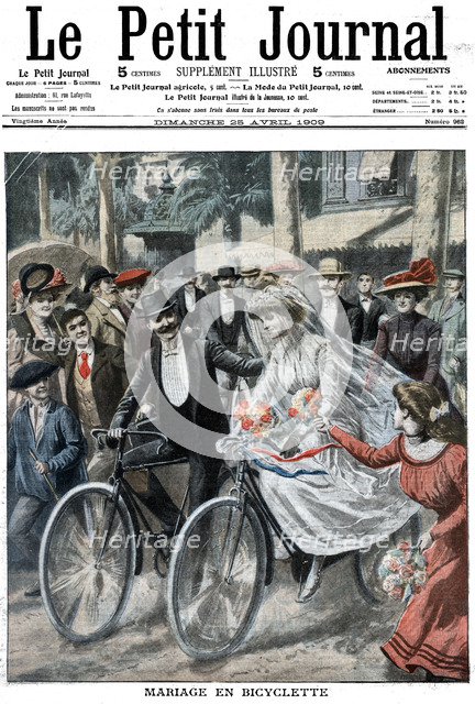 Wedding party on bicycles led by the bride and bridegroom, Nice, France, 1909. Artist: Unknown