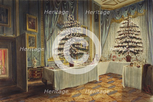 Christmas trees of the Duchess of Kent and the royal children at Windsor Castle, 1850. Artist: Roberts, James (1824-1867)