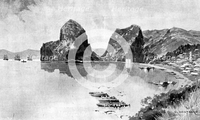 Sketches in Formosa: bay on the north side of Keeling, with fleet at anchor off the town, 1895. Creator: Unknown.