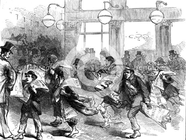 Newsboys with latest accounts of the Prince of Wales, 1871. Creator: Unknown.