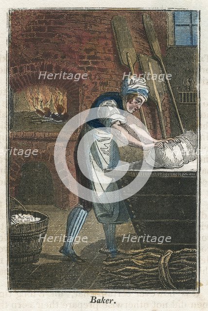 The baker kneading dough on the lid of a flour bin, 1823. Artist: Unknown