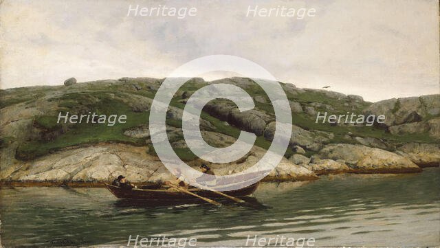 Three Men in a Rowing Boat, 1883. Creator: Nicolai Martin Ulfsten.