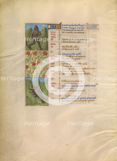 June Calendar Page; Mowing; Cancer; Katherine Hours, about 1480-1485. Creator: Unknown.