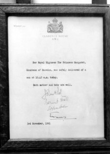 An official notice announcing the birth of a son to Princess Margaret, 1961. Artist: Unknown