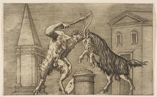A satyr and a ram attacking each other, the satyr wielding a club with his right ha..., ca. 1515-27. Creator: Marco Dente.