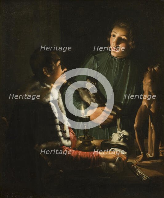 Two Sculptors at Night in Rome; Double Portrait of Francois Duquesnoy and Georg Petel, 1620-1623. Creator: Adam de Coster.