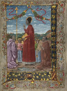 Saints with attendants, 20th-century painting on 14th-century antiphonary. Creator: Venetian Forger.