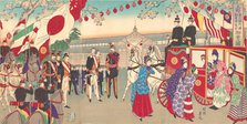 Visit of the Empress to the Third National Industrial Promotional Exhibition at Ueno Park ..., 1889. Creator: Chikanobu Yoshu.
