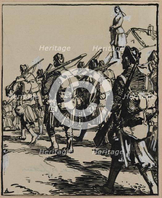 Bataille des frontières: groupe des soldats britanniques, 1914. Creator: Auguste Louis Lepère (French, 1849-1918).
