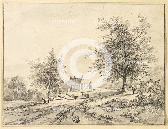 Goatherd, Goats on Road near Carriage and House, n.d. Creator: Bruno van Straaten.