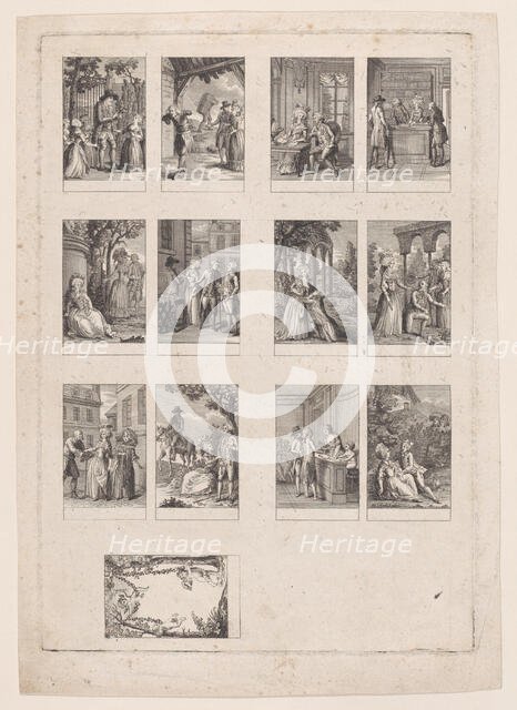 Sheet of 13 subjects for an Almanac, ca. 1780. Creator: Dorgez.