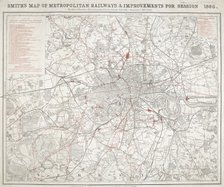 Map of Greater London showing the Metropolitan Railways and improvements in 1866. Artist: Anon