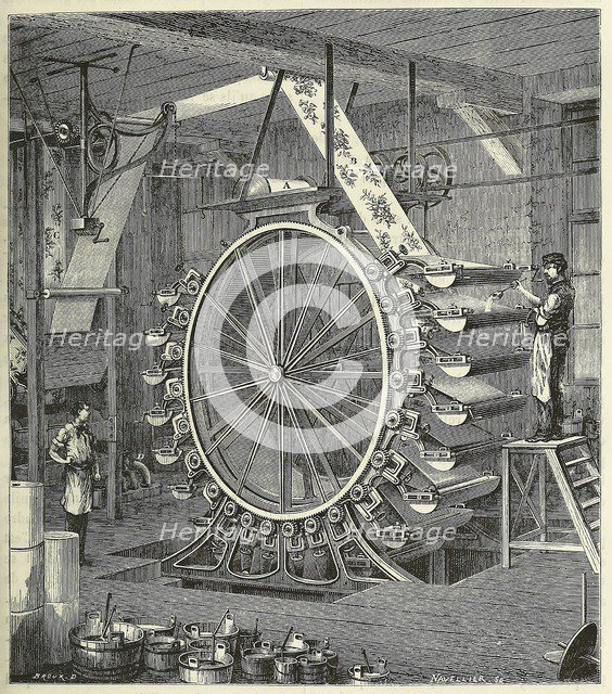 Machine for Printing Wallpaper in up to Twenty Colours, pub. 1873 (engraving), 1873. Creator: French School (19th Century).