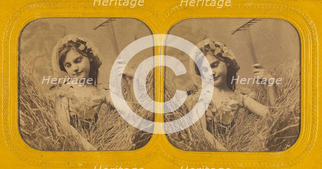 Little girl in field of hay holding a rake, 1855-1860. Creator: Unknown.