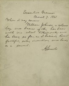Abraham Lincoln recommendation of William Johnson, a colored boy, 1861-03-07. Creator: Abraham Lincoln.