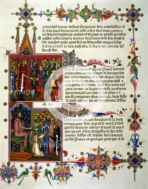 Investiture of a gentleman. Delivery of the sword. Page of the 14th century manuscript 'Order of …