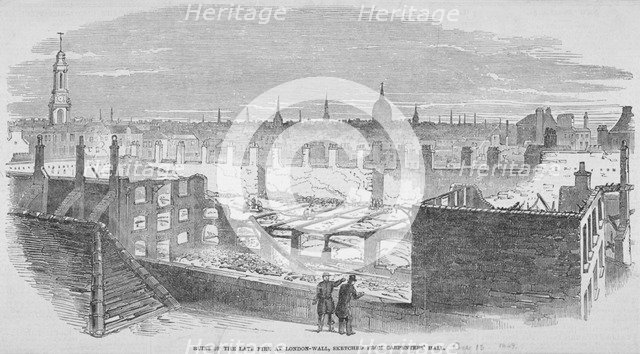 Ruins at London Wall from Carpenters' Hall as the result of a fire in 1849. Artist: Anon