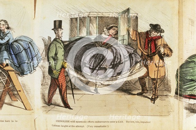 Woman struggling to enter a cab, c1860. Artist: Unknown