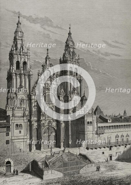 Main facade or Obradoiro, Cathedral of Santiago de Compostela, Galicia, Spain, 1878.  Creators: Manuel Nao, Bernardo Rico.