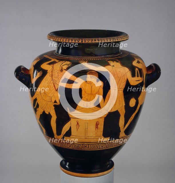 Attic red-figure stamnos showing Heracles and Busiris, c460 BC. Artist: Late follower of the Berlin Painter.