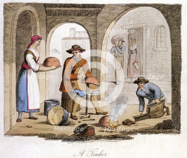 Itinerant tinker and his boy assistant, Piemonte (Piedmont) region, north-west Italy, 1825. Artist: Unknown