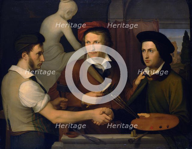 Self-Portrait with his Brother Ridolfo and Bertel Thorvaldsen, 1815-1816. Creator: Schadow, Friedrich Wilhelm, von (1788-1862).