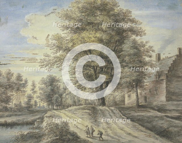 A large tree lies by a house, three figures and a dog are in the foreground, (1669?). Creator: Lucas van Uden.