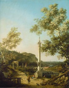 English Landscape Capriccio with a Column, c. 1754. Creator: Canaletto.