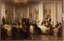 Pushkin and his friends listen to Adam Mickiewicz in the salon of Princess Zinaida Volkonskaya, 1899 Creator: Myasoedov, Grigori Grigoryevich (1834-1911).