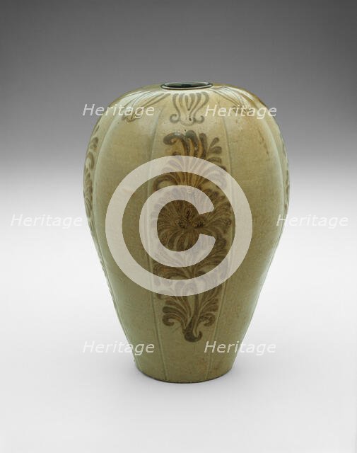 Lobed Vase with Stylized Floral Scrolls, Korea, Goryeo dynasty (918-1392), 12th century. Creator: Unknown.